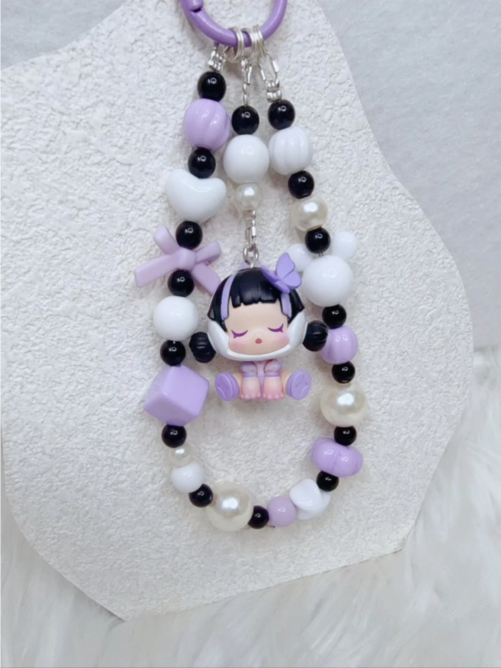 Purple & White skull panda Miss butterfly PopBean Beaded Keychain Phone Charm